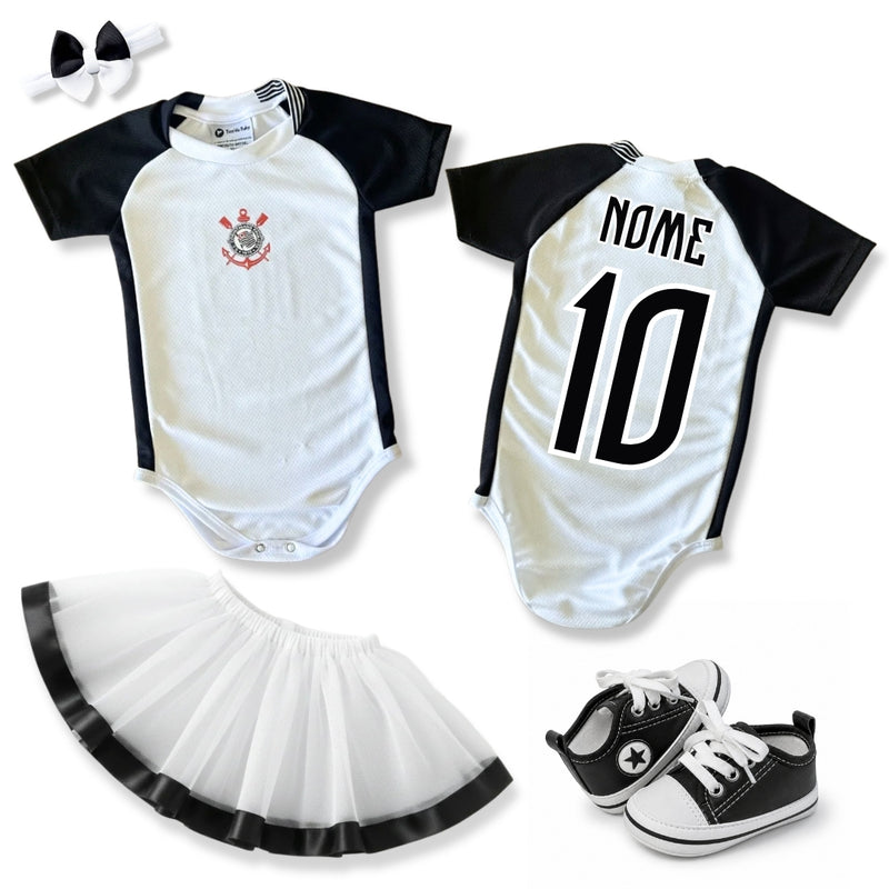 Kit Luxo Body Bebê Oficial Proteção UV Premium Branco e Preto Corinthians Menina – Saia, Tênis e Laço