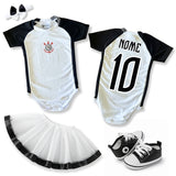 Kit Luxo Body Bebê Oficial Proteção UV Premium Branco e Preto Corinthians Menina – Saia, Tênis e Laço