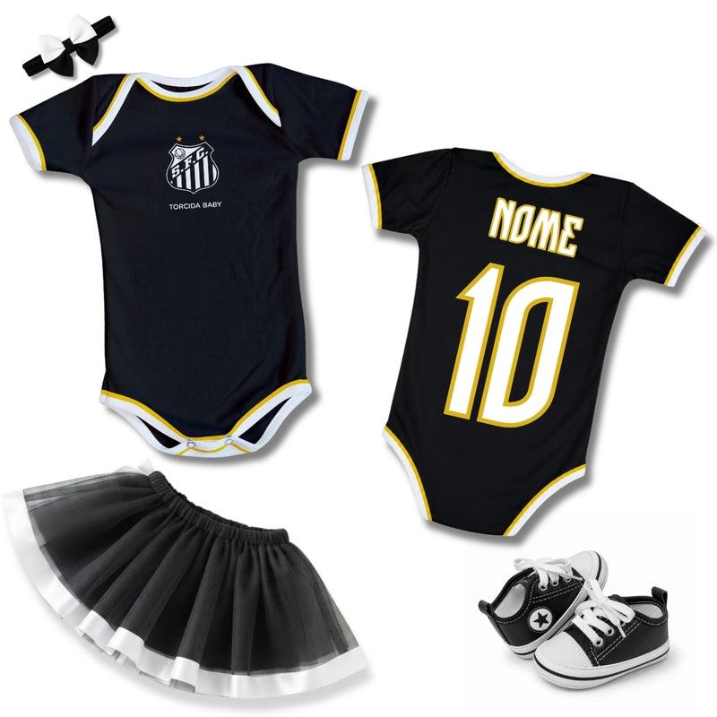 Kit Luxo Body Bebê Oficial Proteção UV Listrado Santos – Personalizado com Nome e Número