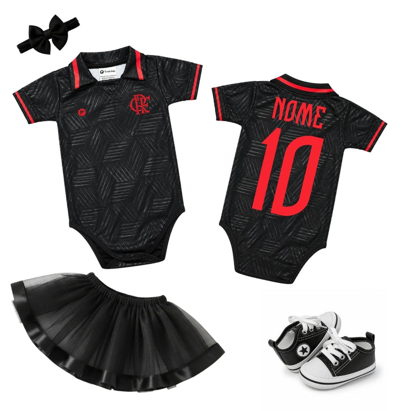 Kit Luxo Body Bebê Oficial Proteção UV Premium Preto e Vermelho Flamengo Menina – Saia, Tênis e Laço