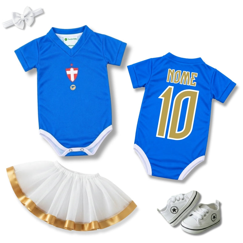 Kit Luxo Body Bebê Oficial Proteção UV Azul Palmeiras Menina – Saia, Tênis e Laço