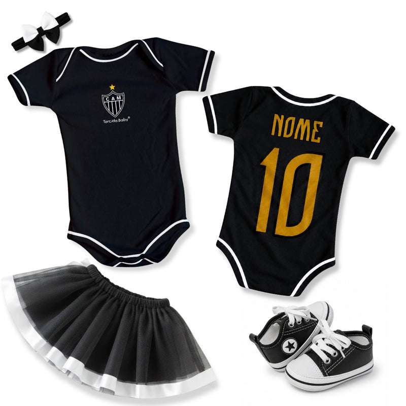 Kit Luxo Body Bebê Oficial Preto Atlético Mineiro Menina – Saia, Tênis e Laço