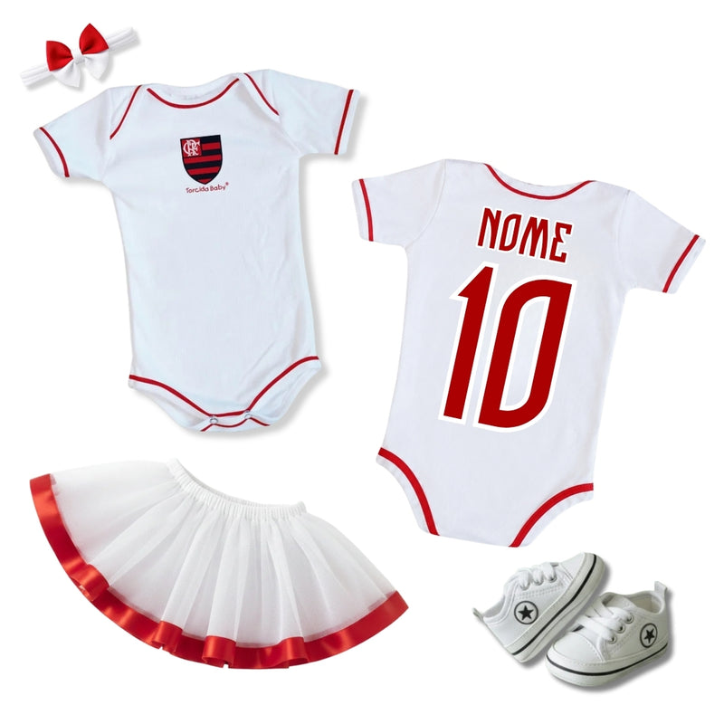 Kit Luxo Body Bebê Branco Flamengo Menina – Saia, Tênis e Laço