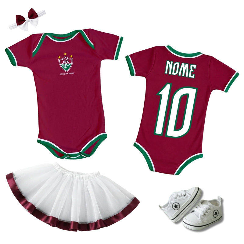 Kit Luxo Body Bebê Vermelho Fluminense Menina – Saia, Tênis e Laço