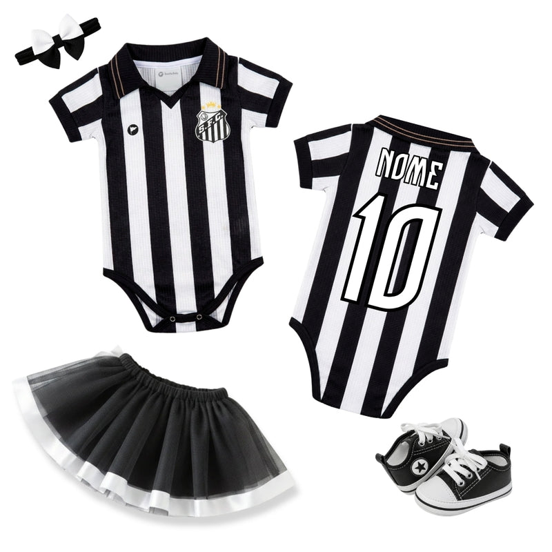 Kit Luxo Body Bebê Oficial Proteção UV Premium Santos Listrado Menina – Saia, Tênis e Laço
