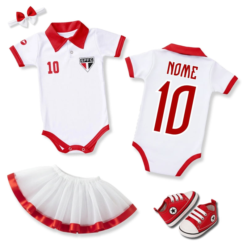 Kit Luxo Body Bebê Oficial Polo São Paulo Menina – Saia, Tênis e Laço