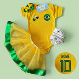 Kit Luxo Body Personalizado Brasil Amarelo Com Tênis, Saia e Laço