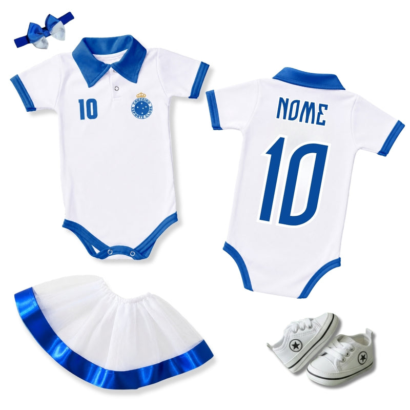 Kit Luxo Body Bebê Polo Cruzeiro Menina – Saia, Tênis e Laço