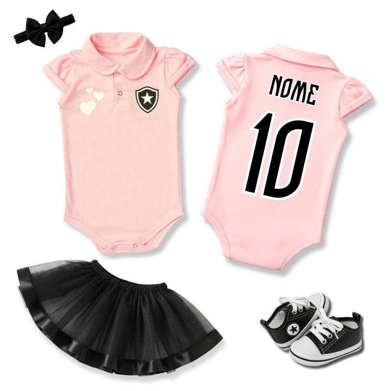 Kit Luxo Body Bebê Rosa Botafogo Menina – Saia, Tênis e Laço