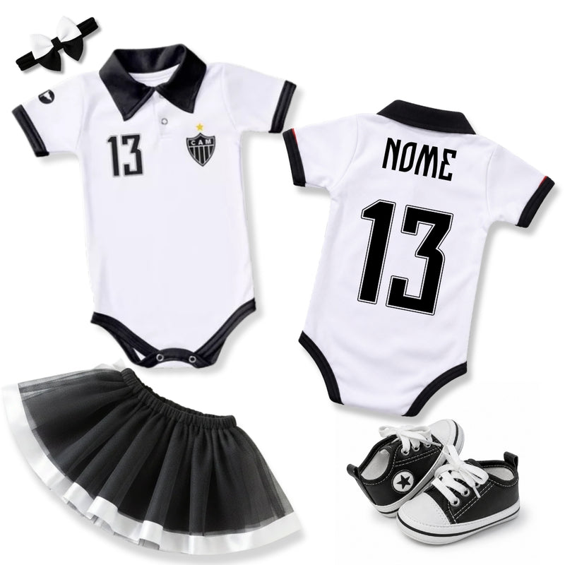 Kit Luxo Body Bebê Oficial Polo Atlético Mineiro Menina – Saia, Tênis e Laço