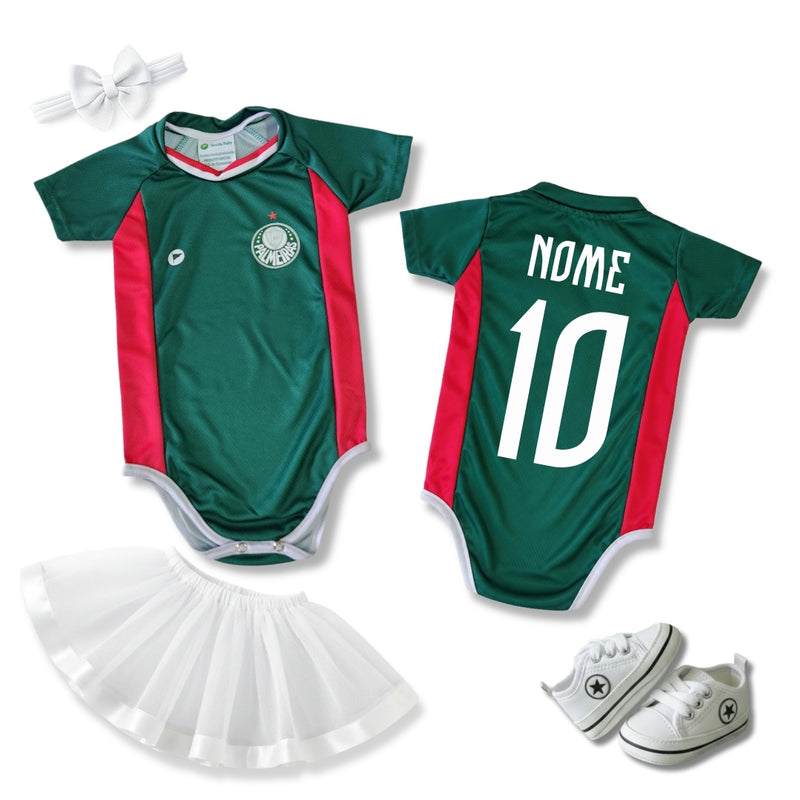 Kit Luxo Body Bebê Oficial Proteção UV Verde e Vermelho Palmeiras Menina – Saia, Tênis e Laço