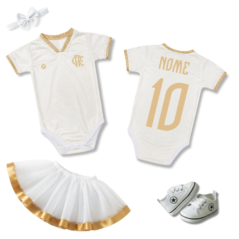 Kit Luxo Body Bebê Oficial Proteção UV Premium Branco e Dourado Flamengo Menina – Saia, Tênis e Laço