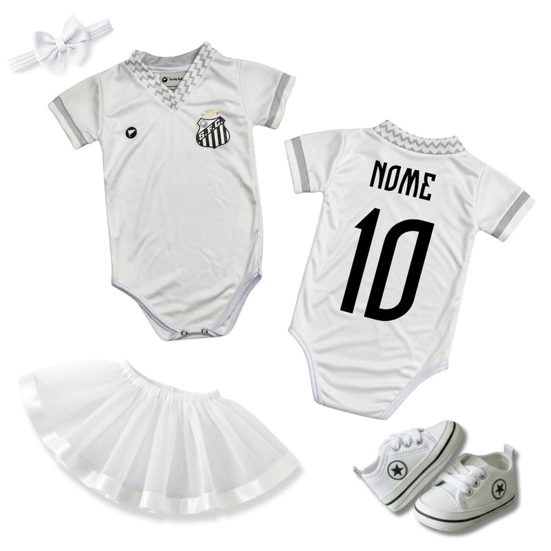 Kit Luxo Body Bebê Oficial Proteção UV Premium Santos Branco e Cinza Menina – Saia, Tênis e Laço