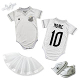 Kit Luxo Body Bebê Oficial Proteção UV Premium Santos Branco e Cinza Menina – Saia, Tênis e Laço