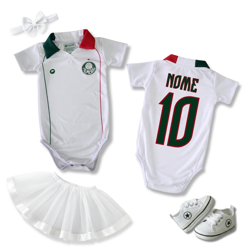 Kit Luxo Body Bebê Oficial Proteção UV Branco Gola Verde e Vermelha Palmeiras Menina – Saia, Tênis e Laço
