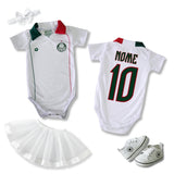 Kit Luxo Body Bebê Oficial Proteção UV Branco Gola Verde e Vermelha Palmeiras Menina – Saia, Tênis e Laço