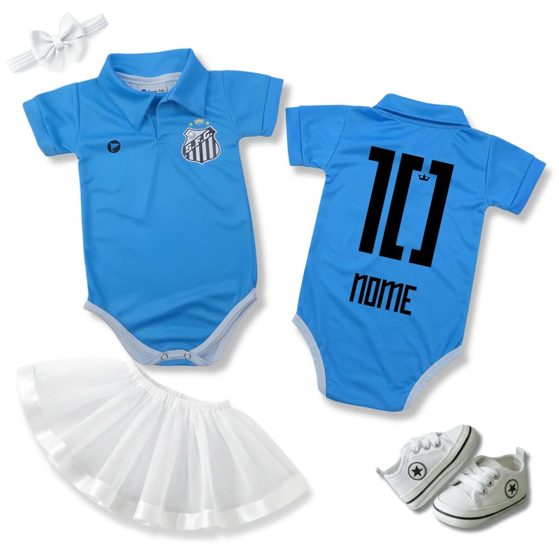 Kit Luxo Body Bebê Oficial Proteção UV Santos Azul Menina – Saia, Tênis e Laço