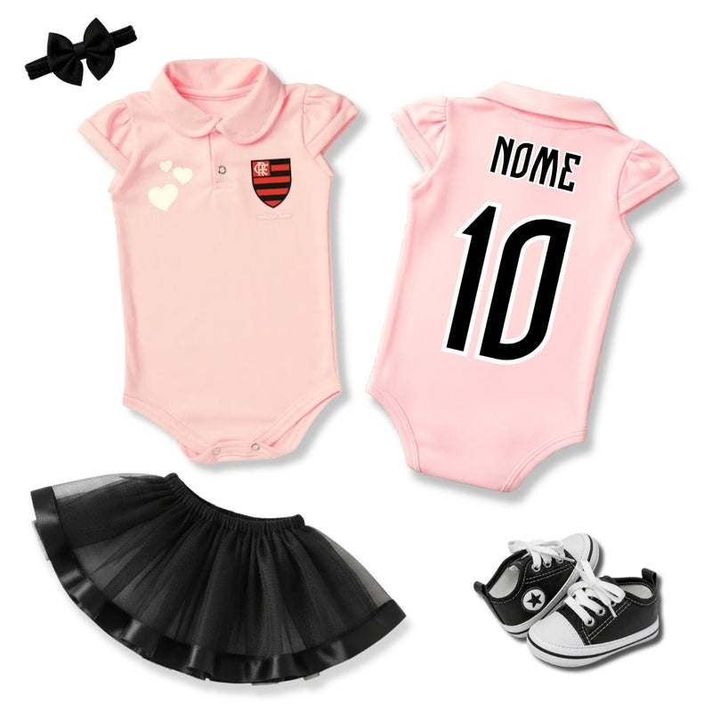 Kit Luxo Body Bebê Rosa Oficial Flamengo Menina – Saia, Tênis e Laço