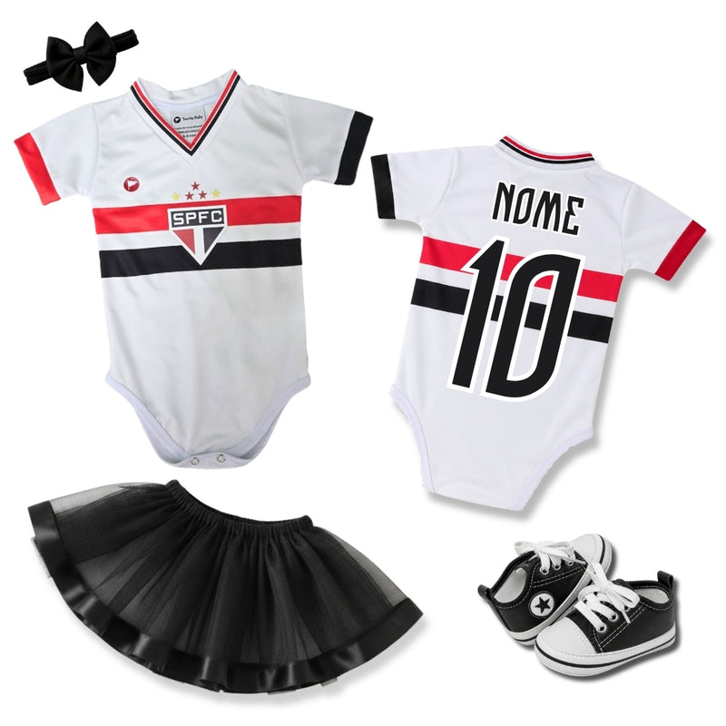 Kit Luxo Body Bebê Oficial Proteção UV Premium Branco São Paulo Menina – Saia, Tênis e Laço