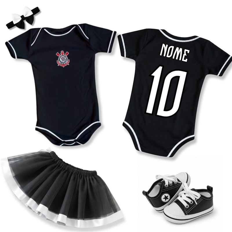 Kit Luxo Body Bebê Preto Corinthians Menina – Saia, Tênis e Laço