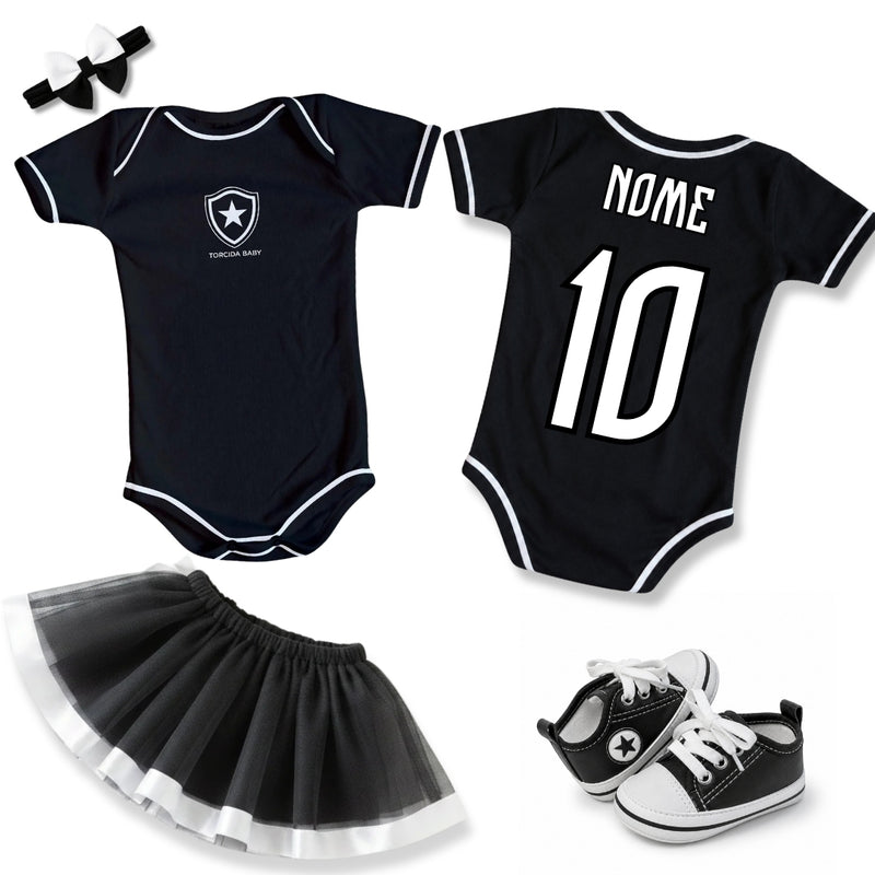 Kit Luxo Body Bebê Preto Botafogo Menina – Saia, Tênis e Laço