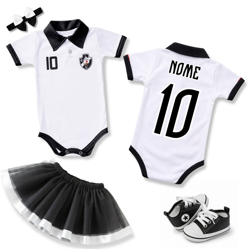 Kit Luxo Body Bebê Polo Vasco Menina – Saia, Tênis e Laço