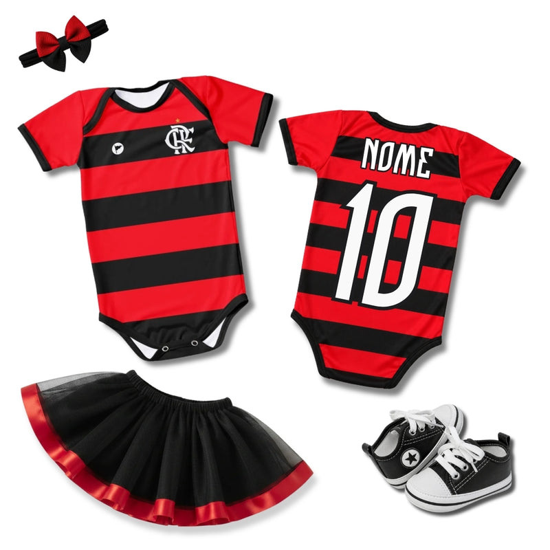 Kit Luxo Body Bebê Oficial Proteção UV Listrado Flamengo Menina – Saia, Tênis e Laço