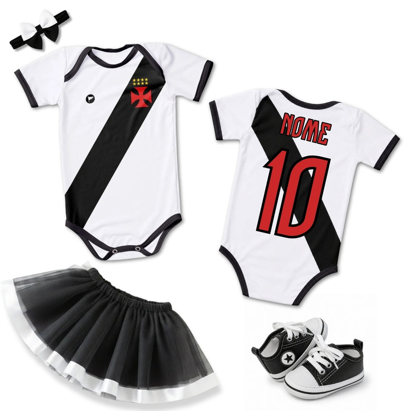 Kit Luxo Body Bebê Oficial Proteção UV Vasco Menina – Saia, Tênis e Laço