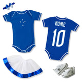 Kit Luxo Body Bebê Azul Cruzeiro Menina – Saia, Tênis e Laço