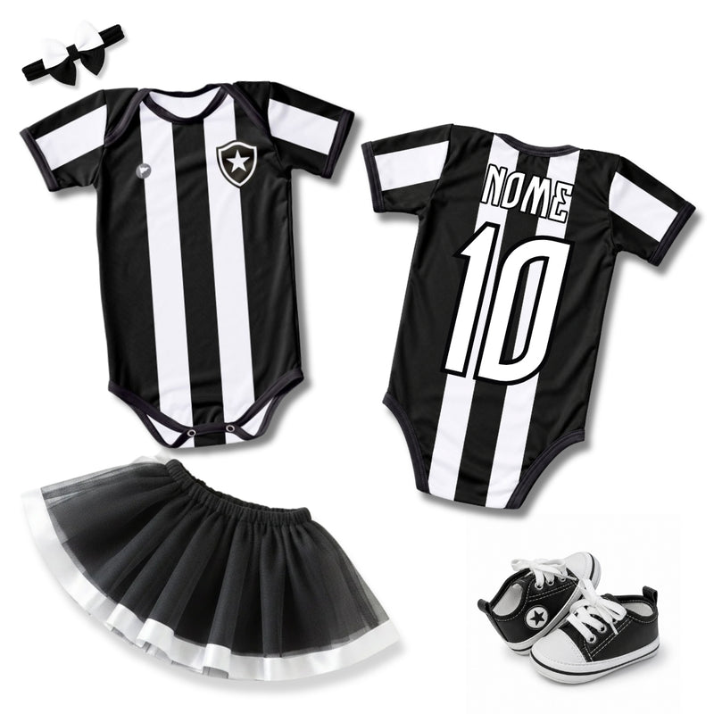 Kit Luxo Body Bebê Oficial Proteção UV Listrado Botafogo Menina – Saia, Tênis e Laço
