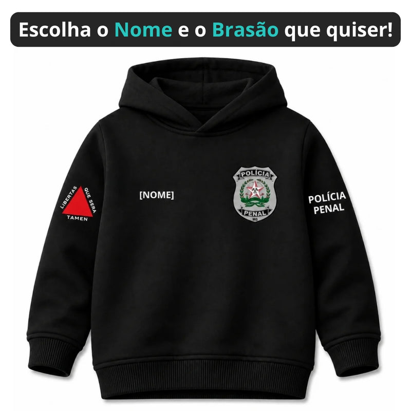 Blusa Moletom Infantil Bebê Com Capuz Preto Tema Polícia Penal Personalizado com Nome