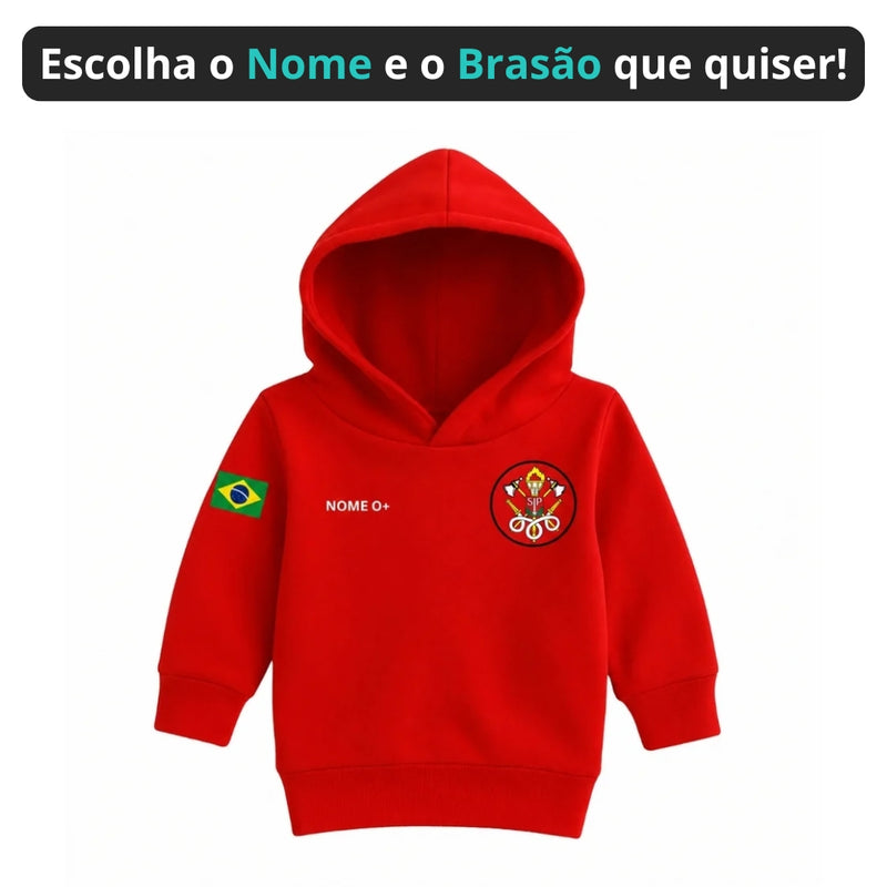 Blusa Moletom Infantil Bebê Com Capuz Vermelho Tema Corpo de Bombeiros Personalizado com Nome