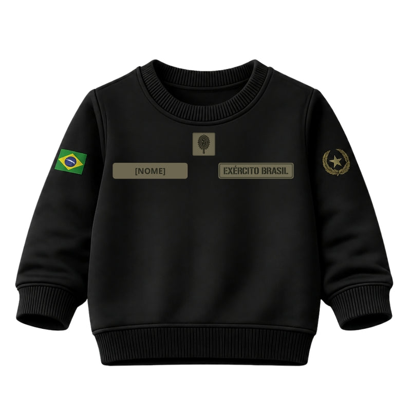 Blusa Moletom Infantil Bebê Gola Careca Preto Tema Exército Brasileiro Personalizado com Nome