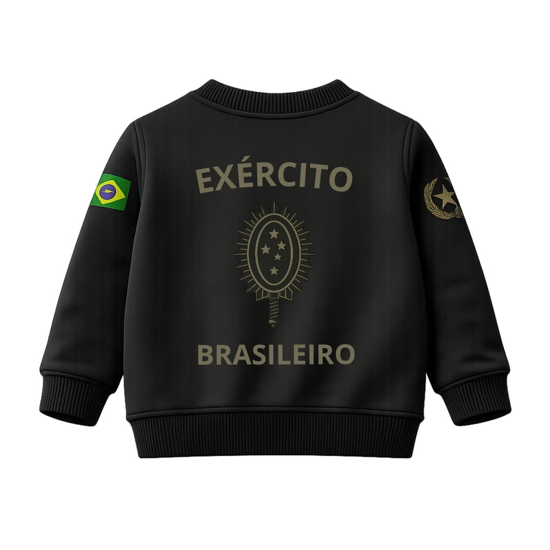 Blusa Moletom Infantil Bebê Gola Careca Preto Tema Exército Brasileiro Personalizado com Nome