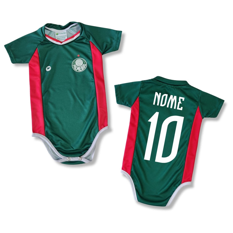 Body Bebê Oficial Proteção UV Verde e Vermelho Palmeiras – Personalizado com Nome e Número