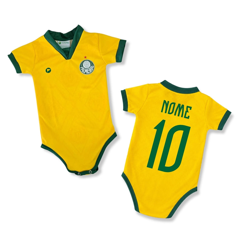 Body Bebê Oficial Proteção UV Amarelo Palmeiras – Personalizado com Nome e Número