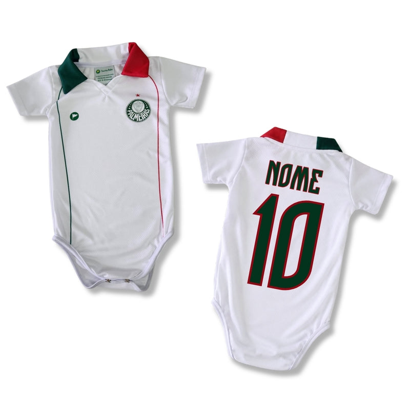 Body Bebê Oficial Proteção UV Branco Gola Verde e Vermelha Palmeiras – Personalizado com Nome e Número