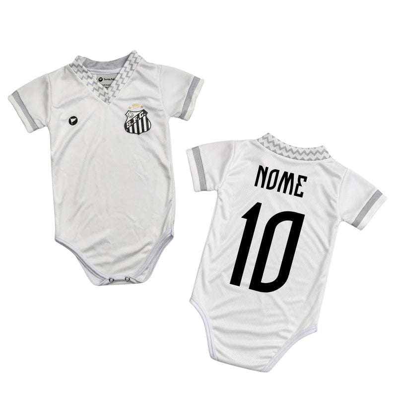 Kit Luxo Body Bebê Oficial Proteção UV Premium Santos Branco e Cinza Menina – Saia, Tênis e Laço