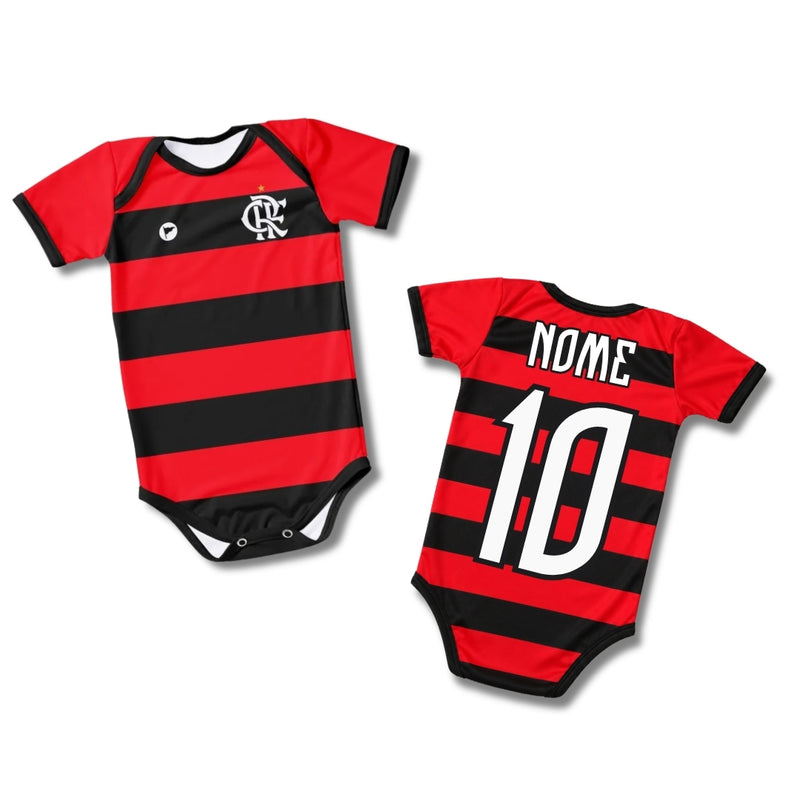 Body Bebê Oficial Proteção UV Listrado Flamengo – Personalizado com Nome e Número