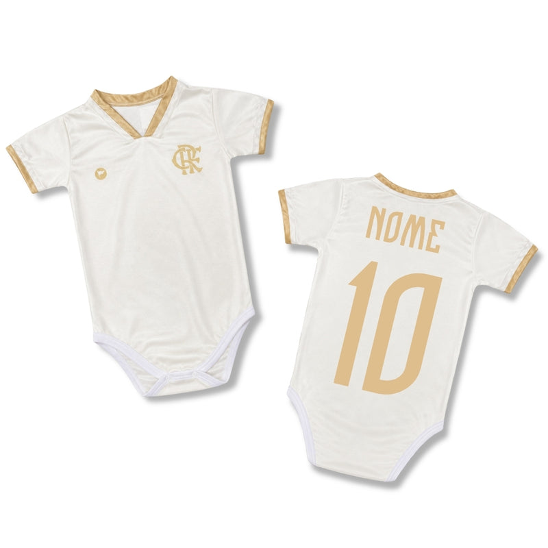 Body Bebê Oficial Proteção Premium Branco e Dourado Flamengo – Personalizado com Nome e Número