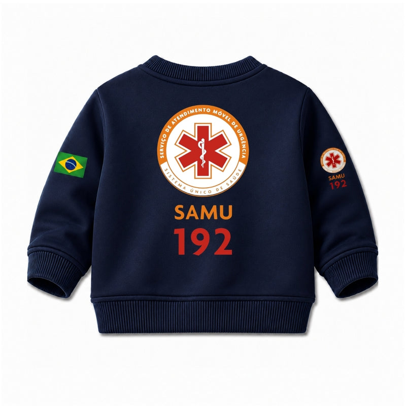 Blusa Moletom Infantil Bebê Gola Careca Marinho Tema SAMU 192 Personalizado com Nome