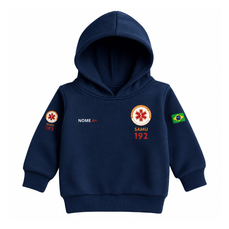 Blusa Moletom Infantil Bebê Com Capuz Marinho Tema SAMU 192 Personalizado com Nome