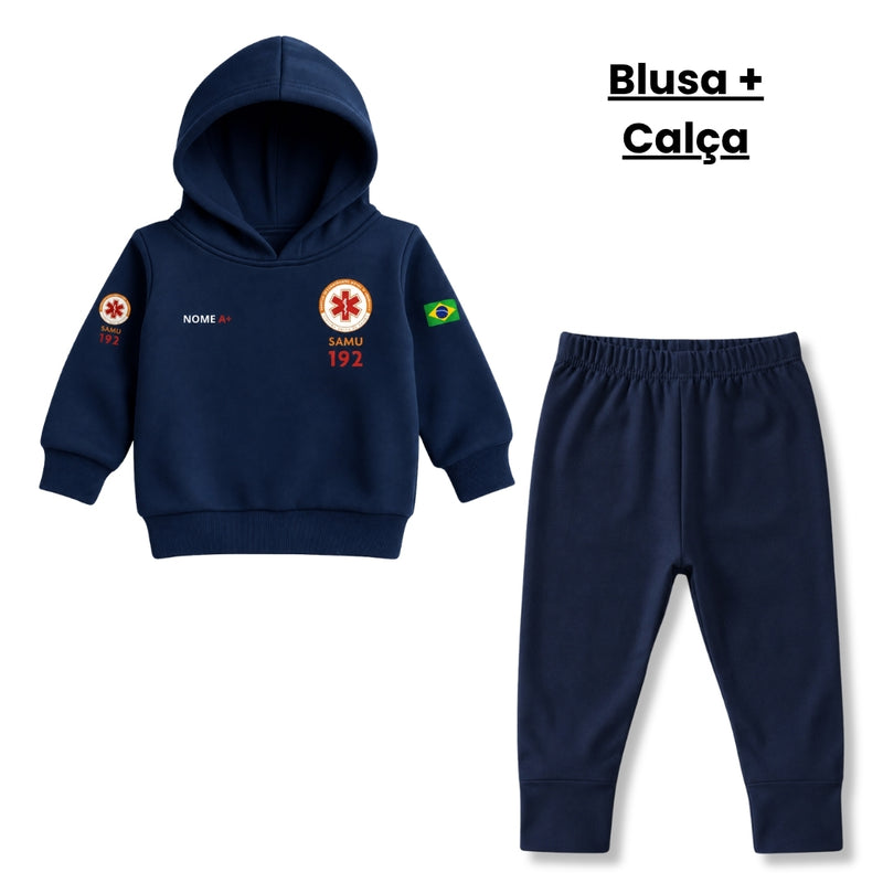 Blusa Moletom Infantil Bebê Com Capuz Marinho Tema SAMU 192 Personalizado com Nome