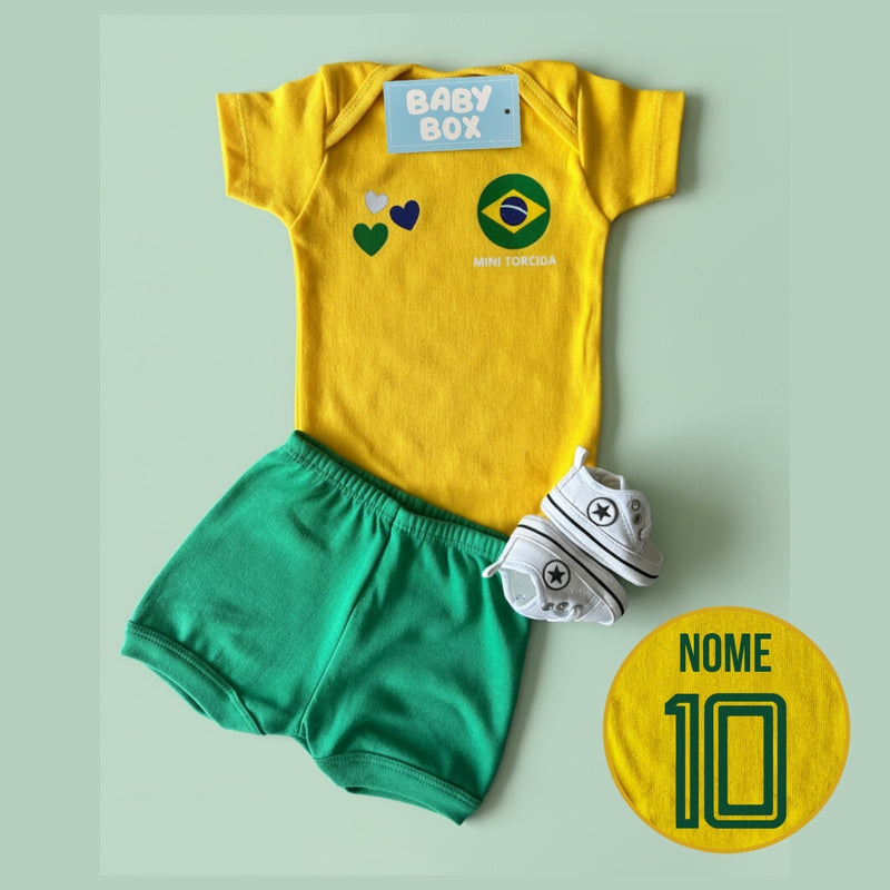 Conjunto Brasil Amarelo Personalizado Com Body, Tênis e Shorts