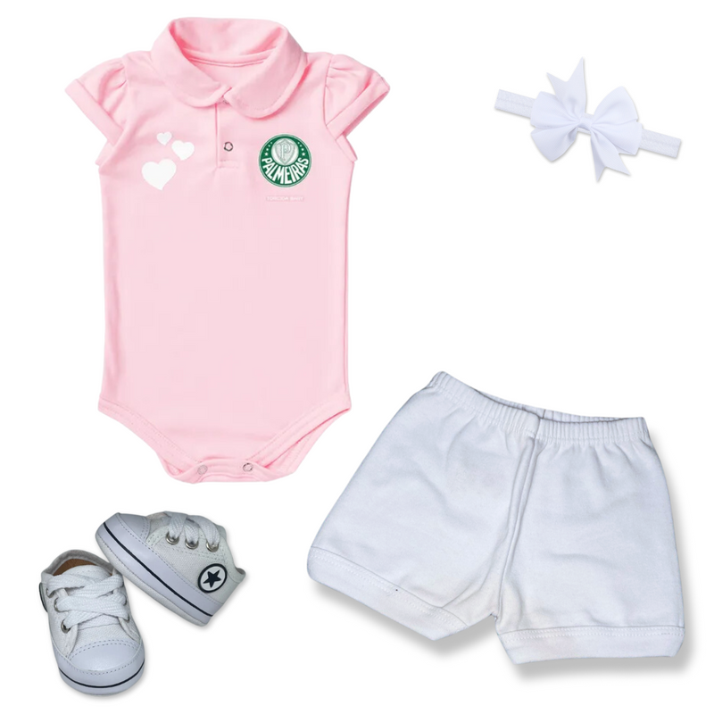 Kit Luxo Body Rosa Palmeiras Com Tênis, Shorts/Calça e Laço