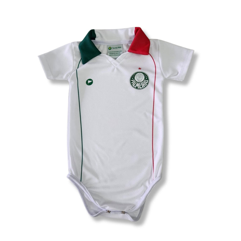 Body Bebê Oficial Proteção UV Branco Gola Verde e Vermelha Palmeiras – Personalizado com Nome e Número