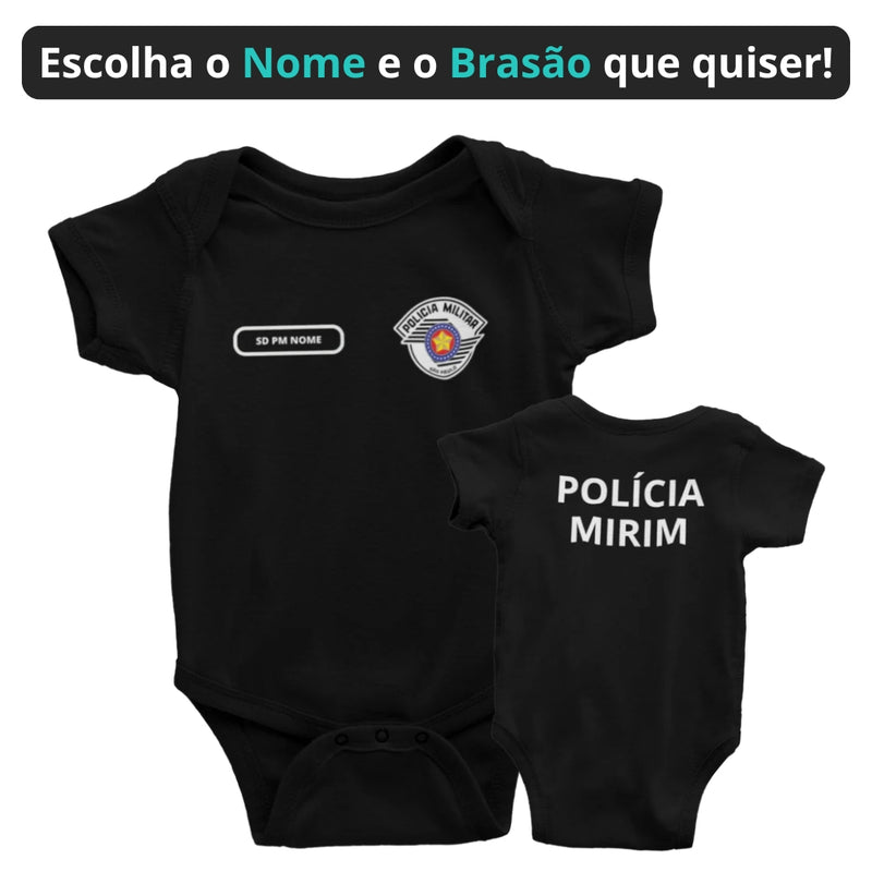 Body Bebê Preto da PM Polícia Militar Personalizado com Nome e Brasão do Estado