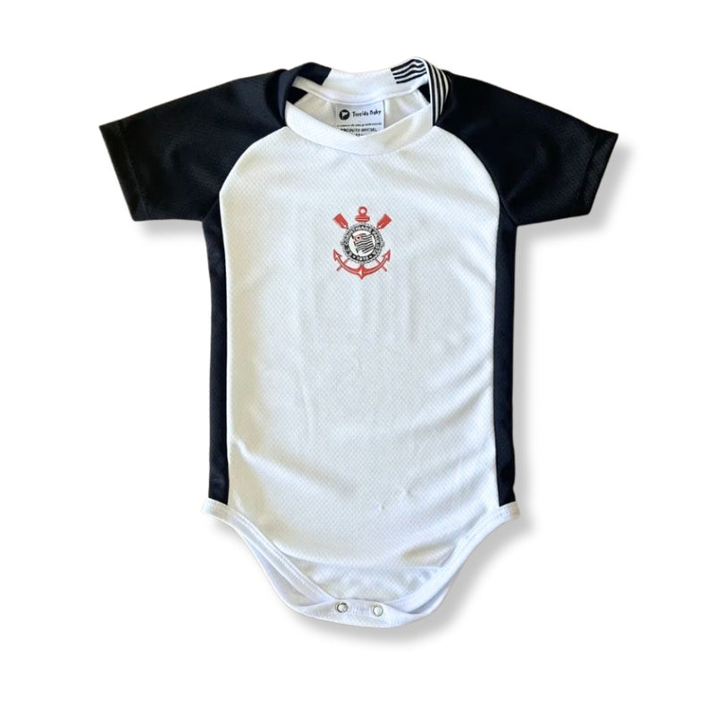 Body Bebê Oficial Proteção UV Premium Branco e Preto Corinthians – Personalizado com Nome e Número