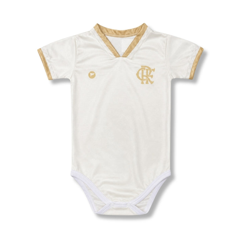 Body Bebê Oficial Proteção Premium Branco e Dourado Flamengo – Personalizado com Nome e Número
