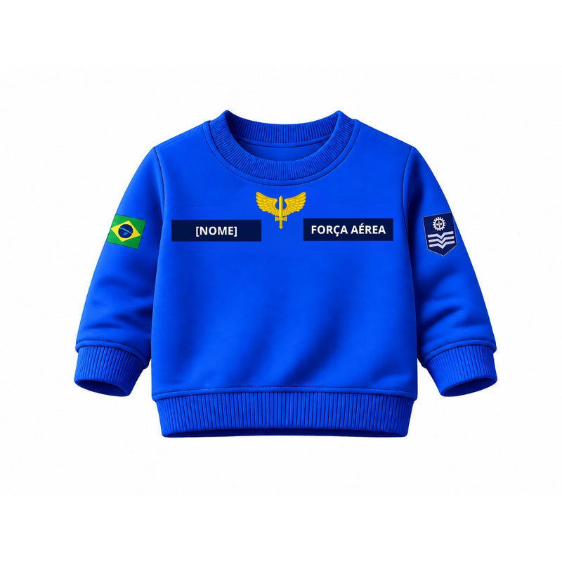 Blusa Moletom Infantil Bebê Gola Careca Azul Tema Força Aérea Brasileira FAB Personalizado com Nome